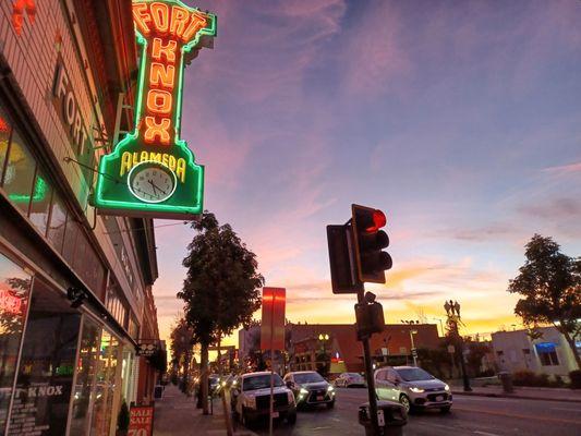 Lovely sky at Sunset. Beautiful neon light sign.