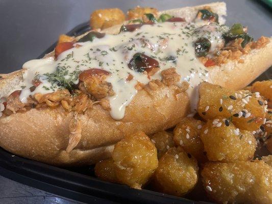 Salmon Cheese Steak with Bang Bang Tots