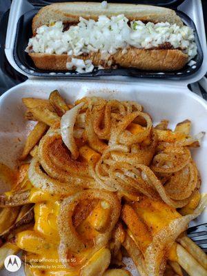 Hotdog Tray (Cookout style)  with double Cajun seasoned cheese fries add grilled onions 08/08/2023 Yummm