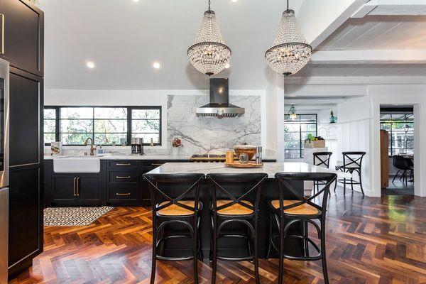 herringbone using hardwood flooring in kitchen and livingroom