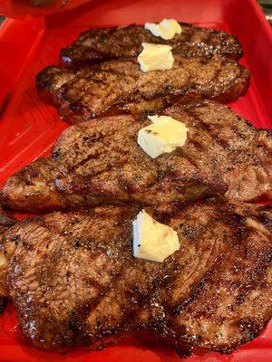 Akaushi strip steaks perfectly grilled on my Kamado Joe