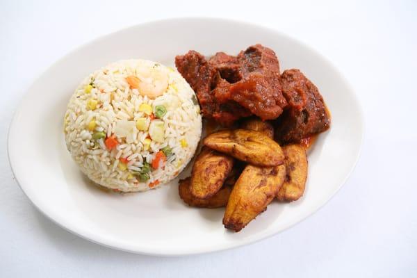 beef, fried rice and plantain