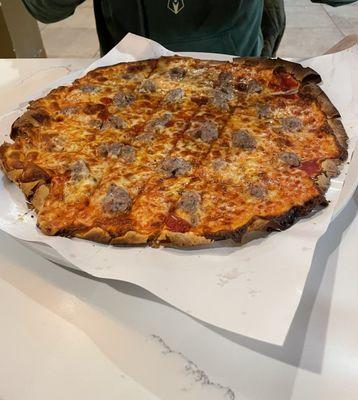 Cheese and Italian sausage pizza -- seriously delicious!