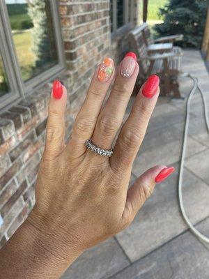 summer time nails! i'm a neutral girl, but i wanted a few weeks with a bright color look at those beautiful flowers