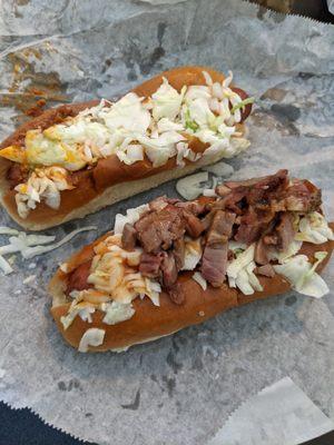 All the way (Oak Island) dog at the top, special brisket dog on bottom