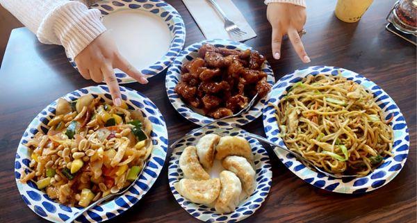 Orange chicken, Kung Pao chicken, Chicken chow mein, Pot Stickers