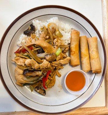 To Go Order,  Healthy Food with Chef, Ginger Sauce with chicken. With an order of Siam rolls (egg rolls)