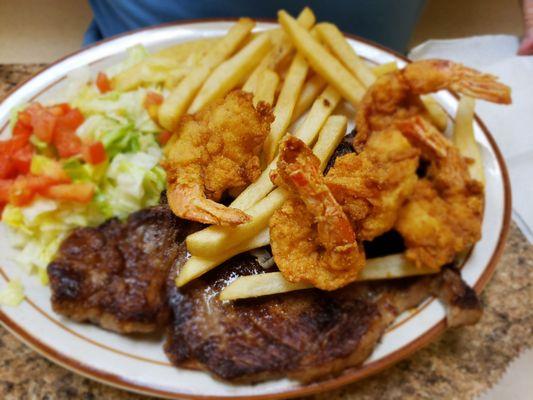 Pan fried thin rib-eye and shrimp ... so delicious!!!