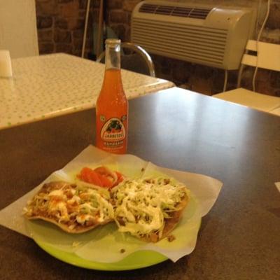 Tostadas with beans, lettuce, sour cream, and your choice of meat Azada, Grill Chicken, Marinaded Pork, Shredded Beef.