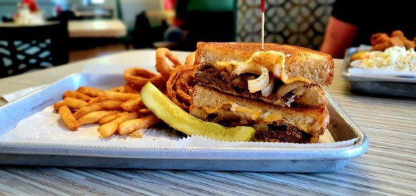 Patty Melt with fries and onion rings, $7.99. Mmmmm.