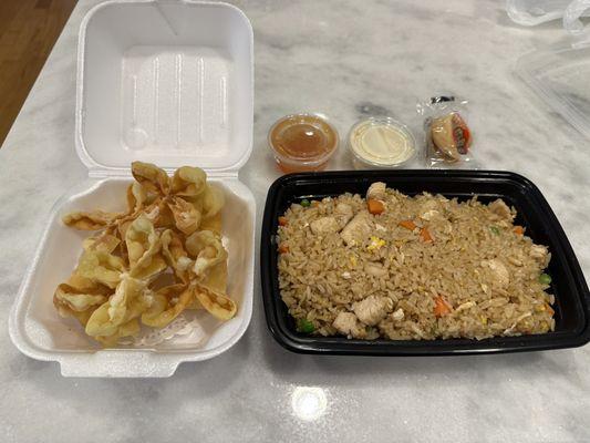 Chicken Fried Rice, Crab Rangoons, duck & yum sauces and a fortune cookie.