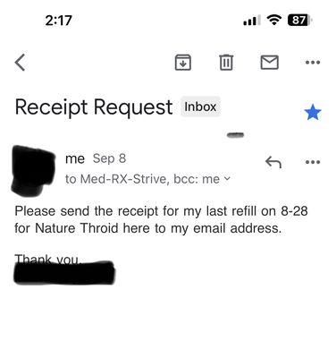 Request "again" for receipt after not getting one with 8/28 order