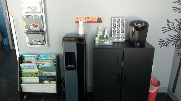 Refreshment station. Enjoy complimentary coffee, tea, and hot coco!