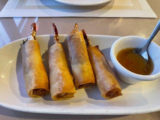 Shrimp in the Blanket - Crispy large shrimp stuffed with pork, crab meat, mushrooms, glass noodles and carrots in wonton skin