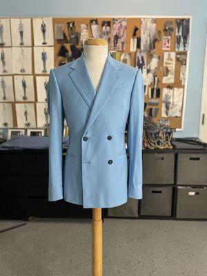 Baby blue custom made double breasted suit with notch lapels