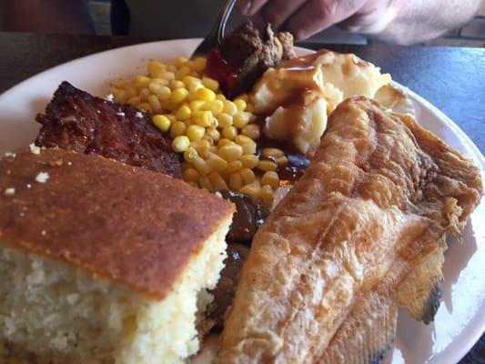 Sunday Buffet: Fried catfish, BBQ ribs, cornbread, corn, mashed potatoes & gravy.