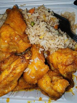 Honey Lemon Pepper wings with Fried Rice. I was surprised  to bite into crystallized sugar on the wings. But they were still good .