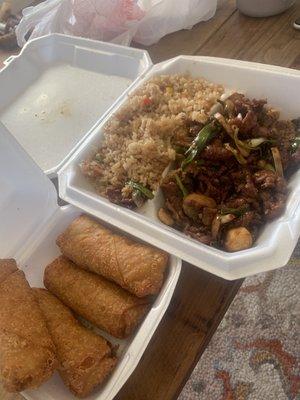 Mongolian beef extra spicy. Comes w/ fried rice. 5 egg rolls for $6