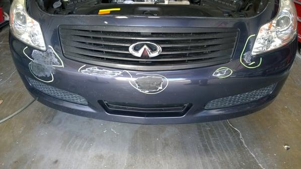 07 INFINIT G35, FRONT BUMPER IS DAMAGED. It was repaired and repainted