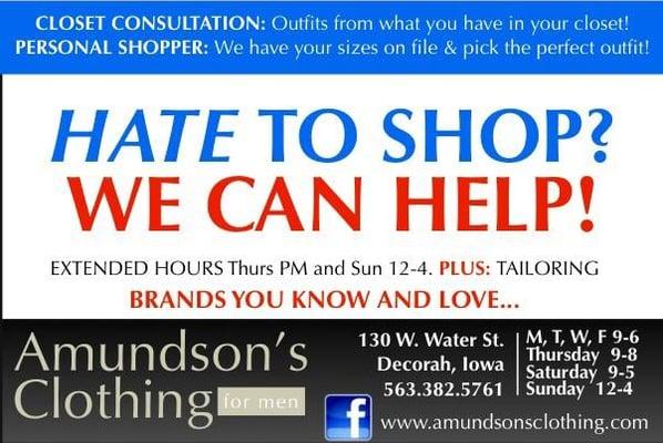 We are open 7 days a week, until 6  during the week to help the 9-5 crowd, and on Thursday night until 8pm and 12-4 on Sundays!