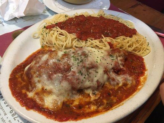 Chicken Parmesan. Basic tomato sauce with cheese.