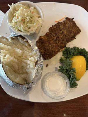 Almond Encrusted Honey Salmon with Baked Potato and Coleslaw