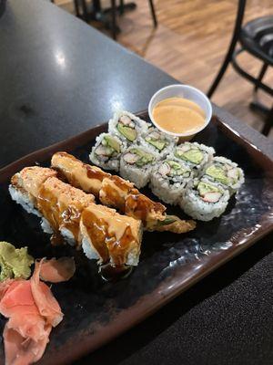 Spicy shrimp tempura roll and California roll