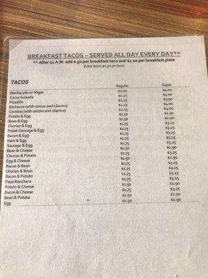 Breakfast tacos menu