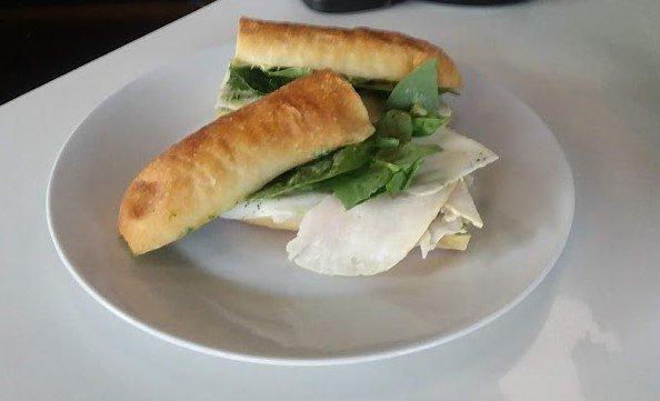 Turkey, mozzarella, organic spinach, garlic basil aioli on a ficelle