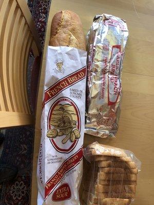 Sourdough, garlic bread, and sliced white bread from Franco American in Santa Rosa.