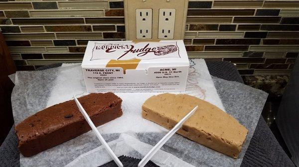 It's 800pm, watchin the Red Wing game at home. Fudge time = chocolate cherry on left,  peanut butter on right= $8.00 each..SWEET delicious