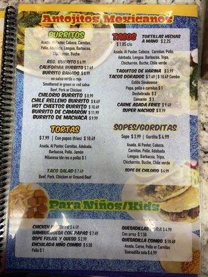 Burritos , tacos , sopes / gorditas , kids menu