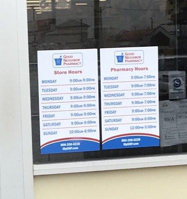 Hours for store and pharmacy