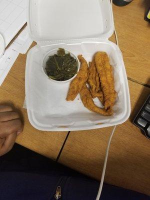 RIP OFF!!!. This is what I got for$11.00. Five of the skinniest peices fish and a small cup of greens. Never again.