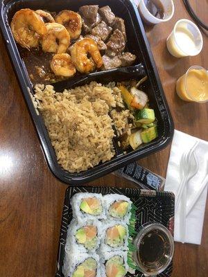 Habachi steak and shrimp, Alaskan roll