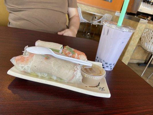 Fresh spring rolls with shrimp and pork & a taro boba milk tea