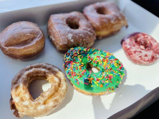 Top row: raspberry jelly , 2 square glazed  Bottom: sour cream old fashioned , sprinkle and red velvet