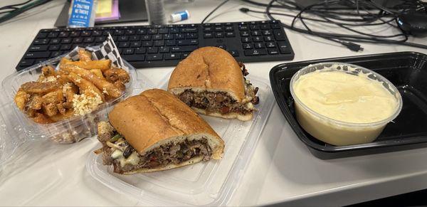 Cheesesteak, Parmesan garlic fries cheese sauce.