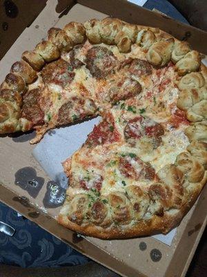 Garlic knot crust, eggplant pizza