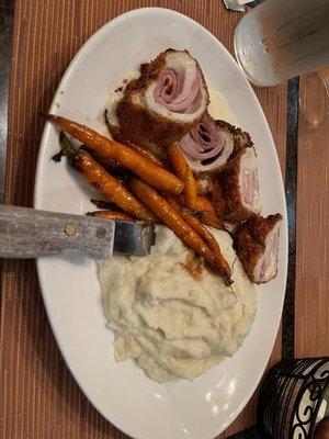 Chicken cordon blue mashed potato and glazed baby carrots.