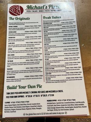 Michaels pizza menu