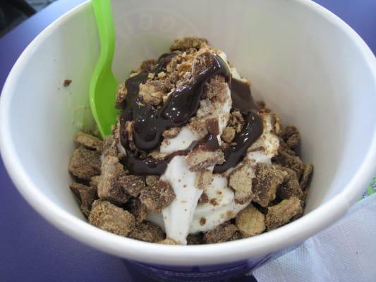 Cake Batter fro-yo with KitKat pieces and hot fudge sauce