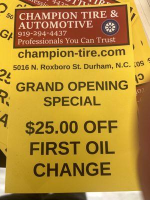 The name of his business and how much off for your first time oil change