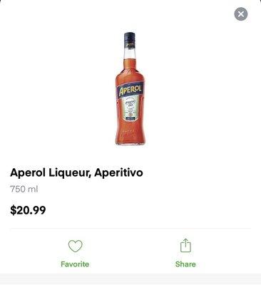 Apples to apples...or Aperol to Aperol  $37 at Steiner Liquor vs. $21 with Instacart Delivery