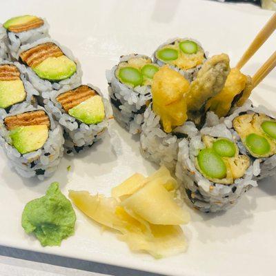 Inari avocado roll, tempura asparagus roll.