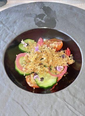 Tomato Salad - Waimea & Lanai tomatoes, cucumber kimchi, shallots, panko