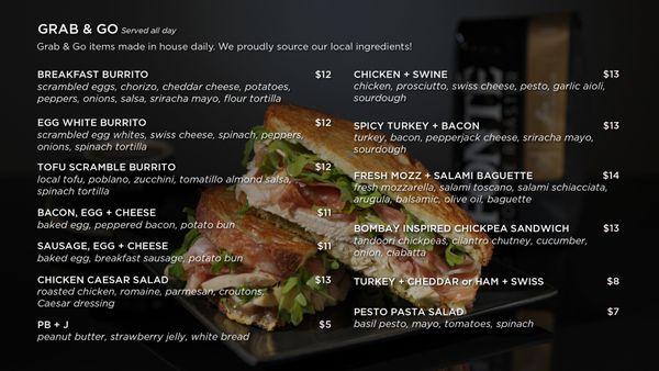 Updated Grab & Go menu. Please call the Uptown Espresso Cafe for accomodations (206) 217-4463.