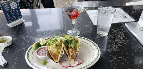 Manhattan with cod fish tacos