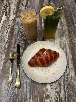 Iced Caramel Latte, Matcha in Paradise,  and Thai Tea Croissants