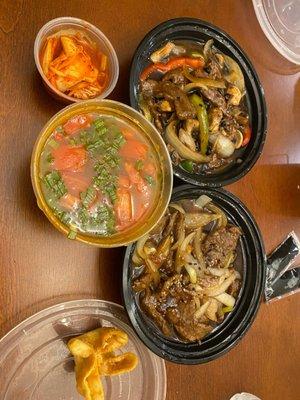 8. Korean Bulgogi, Beef with 4. Beef in Black Bean Sauce, kimchi, and Tom Yum Gai (soup)